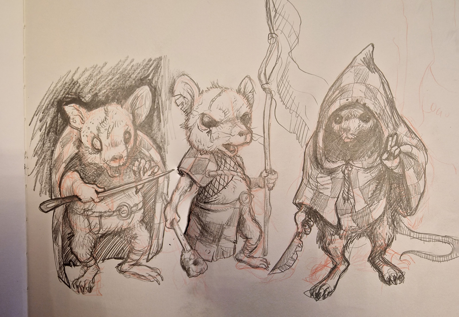 An initial sketch of a band of brutish mice zealots.)